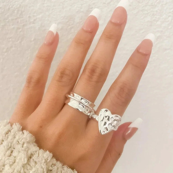 925 Sterling Silver Hammered Ring Heart Ring Chunky Ring Large Statement Ring - Picture 2 of 16